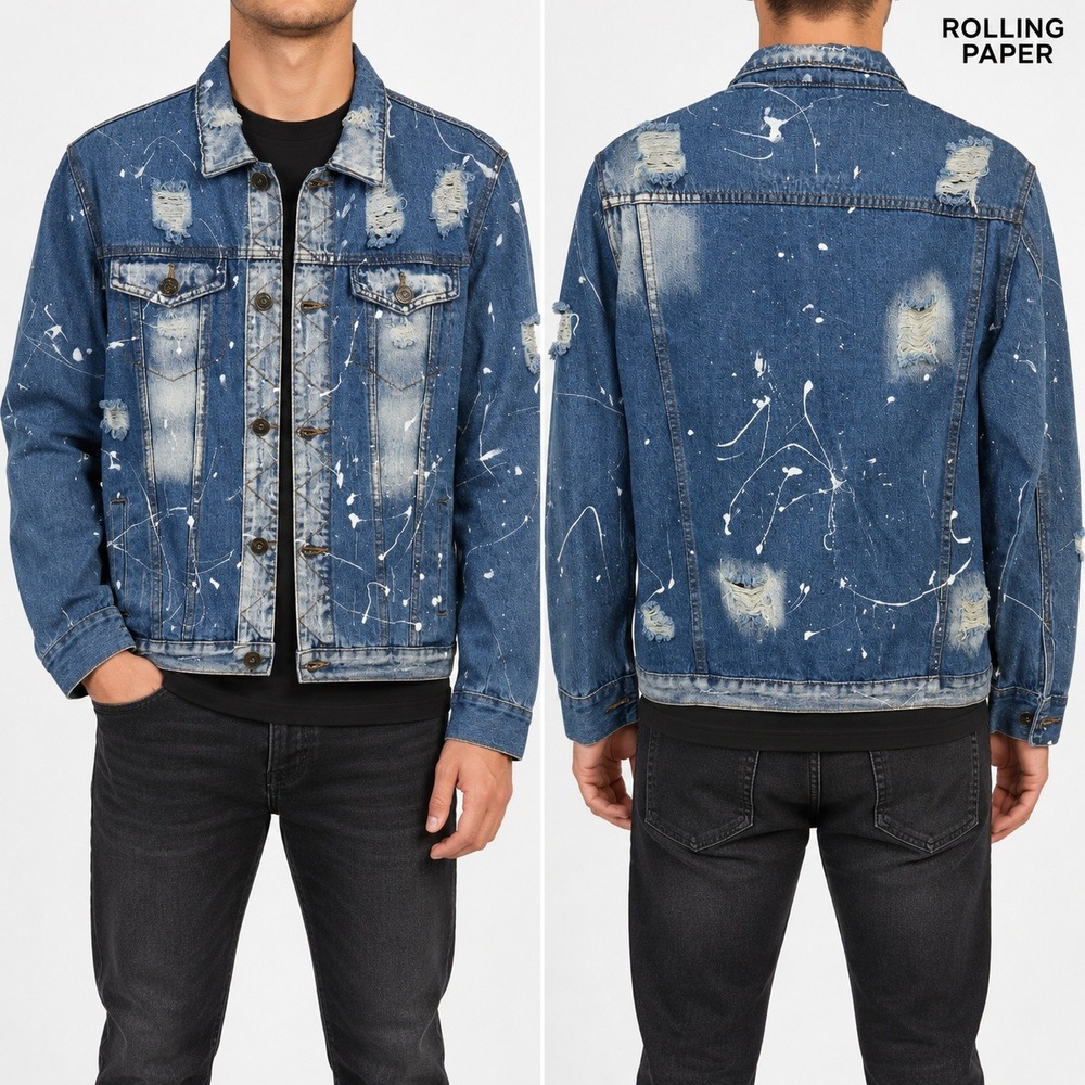 Rolling Paper Denim Jacket Mens Medium Distressed Paint Splatter Trucker Blue